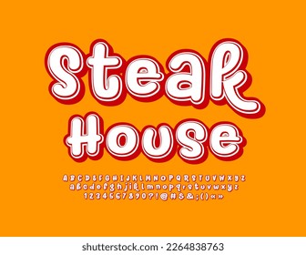 Pancarta creativa vectorial Steak House con fuente decorativa. Conjunto de letras de alfabeto caligráfico, números y símbolos