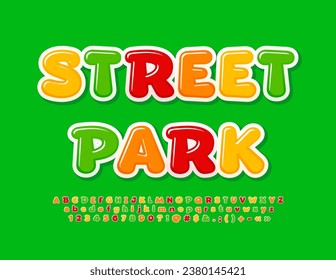 Banner creativo vectorial Street Park. Fuente brillante brillante brillante brillante brillante para los niños. Letras, números y símbolos de alfabetos coloridos