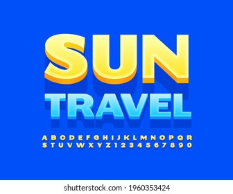 Cartel creativo vector Sun Travel. Fuente Amarilla Moderna. Conjunto de letras y números de alfabeto 3D