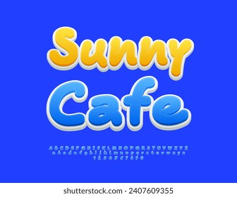 Vector creative banner Sunny Cafe. Blue handwritten Font. Modern Bright Alphabet Letters and Numbers set.
