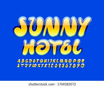 Banner creativo vectorial Sunny Hotel con Fuente Glossy Azul y Amarillo. Letras y números alfabéticos artísticos