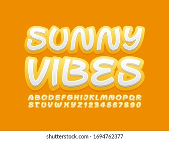 Vector creative banner Sunny Vibes. Yellow and White Alphabet Letters and Numbers. Modern trendy Font