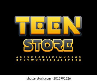 Pancarta creativa vectorial Teen Store. Fuente de moda negra y amarilla. Letras y números de alfabeto luminosos