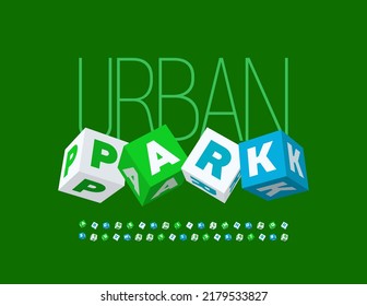 Vector creative banner Urban Park.  Cubic Alphabet Letters and Numbers. Playful style Font.