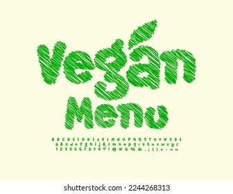 Vector creative banner Vegan Menu. Green Chalk Font. Hand Drawn pencil Alphabet Letters, Numbers and Symbols.