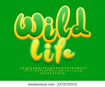 Vector creative banner Wild Life with artistic Alphabet Letters and Numbers set. Green and Yellow handwritten Font