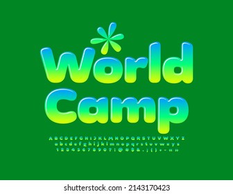 Vector creative banner World Camp with decorative Flower. Gradient colors Font. Unique Alphabet Letters, Numbers and Symbols set