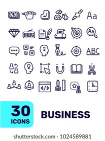 Vector creative black and white color thin line business icon set on white background with title. Line art flat style design of liner icon for web, site, banner, business presentation