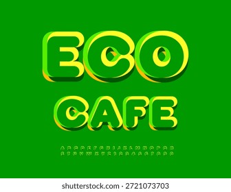Vector Tablero creativo Eco Café. Fuente verde artística. Conjunto de letras y números de alfabeto exclusivo brillante.