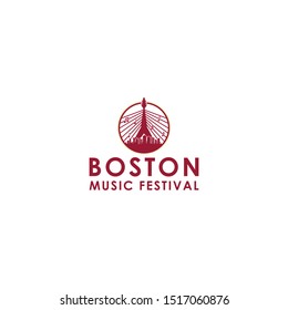 Vector creative Boston music festival logo with a bridge in the form of a guitar, notes and a skyline of Boston skyscrapers. Logo, emblem, template for music company, fest, producer or organization