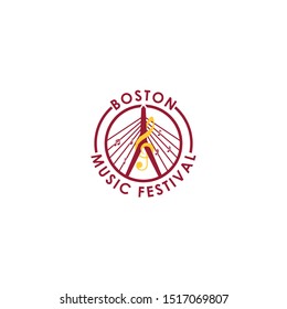 Vector creative Boston music festival logo with a bridge in the form of a guitar, notes and a skyline of Boston skyscrapers. Logo, emblem, template for music company, fest, producer or organization