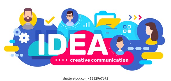 Vector creative bright color illustration of business idea word typography and head of people in bubble on white background with icon. Flat style design for web, site, banner, presentation