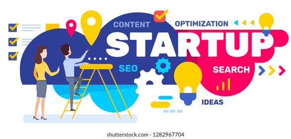 Vector creative bright color illustration of business startup word typography and people with ladder on white background. Flat style design of startup for web, site, banner, presentation