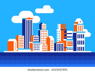 Vector creative bright color illustration of panorama of business isometric city by the sea on blue sky background with cloud. 3d style graphic design for web, site, horizontal banner, poster