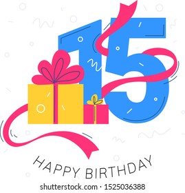 Vector creative bright holiday illustration of gift box with bow and big blue number on white background with text. Flat style birthday design with present for web, site, banner, greeting card, emai