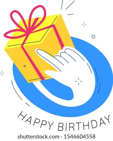 Vector creative bright holiday illustration of yellow color gift box with red bow and hand on white background with text. Flat style birthday design with present for web, banner, greeting card, email
