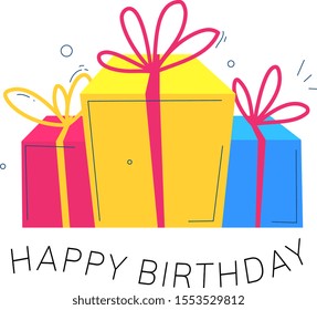 Vector creative bright holiday illustration with gift box with bow. Color presents on white background with text. Flat style birthday design for web, site, banner, greeting card, email