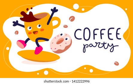 Vector creative bright illustration of happy energy coffee cup character riding on a surfboard. Flat style graphic design with donut and text for web, site, banner, poster, sticker