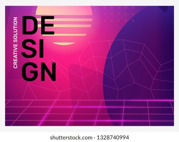 Vector creative bright pink and purple retro illustration with neon grid, shape, fog. Business abstract gradient background. Abstraction in frame with header. Template composition design for web, site