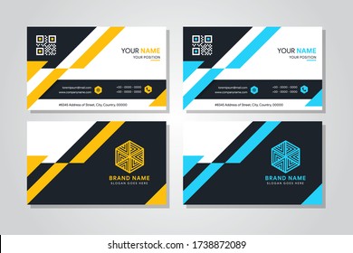 Vector creative business card template with blue and orange triangles and diagonal strip for business, technology. Simple and clean design with a logo. Creative layout corporate identity.