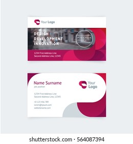 Vector creative business card template with geometric smooth red waves for business, technology. Simple and clean design with a logo and a place for a photo. Creative layout corporate identity.