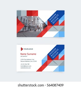 Vector creative business card template with blue and red triangles, squares for business, technology. Simple and clean design with a logo and a place for a photo. Creative layout corporate identity.