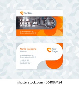Vector creative business card template with geometric smooth orange waves for business, technology. Simple and clean design with a logo and a place for a photo. Creative layout corporate identity.