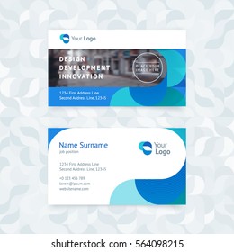 Vector creative business card template with geometric smooth blue waves for business, technology. Simple and clean design with a logo and a place for a photo. Creative layout corporate identity.