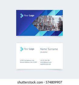 Vector creative business card template with blue and turquoise triangles, strip for business, technology. Simple and clean design with a logo and place for a photo. Creative layout corporate identity