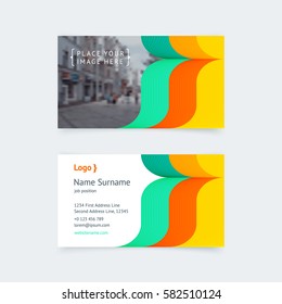 Vector creative business card template with geometric smooth green, yellow arrow for business, technology. Simple, clean design with a logo and a place for a photo. Creative layout corporate identity.