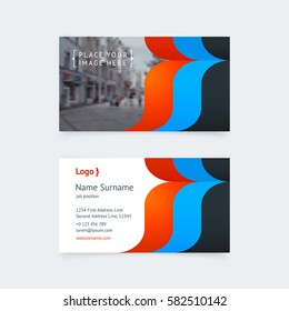 Vector creative business card template with geometric smooth red, blue arrow for business, technology. Simple, clean design with a logo and a place for a photo. Creative layout corporate identity.