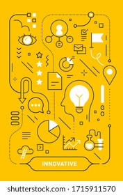 Vector creative business concept with human head on yellow background. Vertical illustration of business innovative process with word. Flat line art style template design for web, banner, presentation