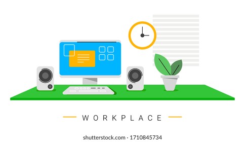 Vektorillustration kreatives Business-Konzept-Illustration von Business-Arbeitsplatz mit Monitor und Uhr auf weißem Hintergrund. Wohnraumarbeitbau im Flachstil für Web, Banner, Druck