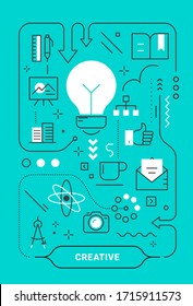 Vector creative business concept with light bulb on green background. Vertical illustration of business process with word. Flat line art style template design for web, banner, print, presentation