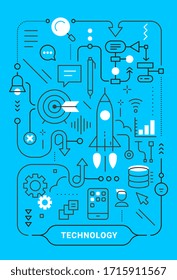 Vector creative business concept with space ship on blue background. Vertical illustration of business technology process with word. Flat line art style template design for web, banner, presentation