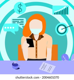 Vector creativo de los negocios. Personajes de dibujos animados planos que trabajan con mujeres empresarias que trabajan por cuenta propia y administran sus tareas. Usa una máscara facial y trabaja en smartphone en interiores modernos. 
