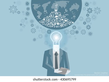 Vector creative business ideas. The global market with world and icons flat design