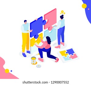 Vector creative business illustration. abstract characters people hold in hands puzzle. Metaphor of team work on a startup project. vector stylish flat colorful isometric