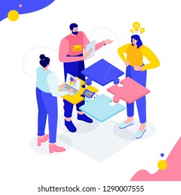 Vector creative business illustration. abstract characters people hold in hands puzzle. Metaphor of team work on a startup project. vector stylish flat colorful isometric