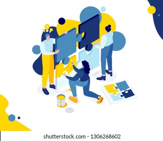 Vector creative business illustration. abstract characters people hold in hands puzzle. Metaphor of team work on a startup project. vector stylish flat colorful isometric Vector creative business illustration. abstract characters people hold in hands puzzle. Metaphor of team work on a startup project. vector stylish flat colorful isometric