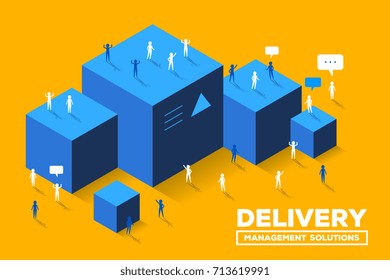 Vector creative business illustration. Delivery management concept on yellow background. Symbol of storehouse. Group of people and big blue cubes. Isometric design for presentation, banner, web, site