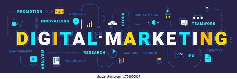 Vector creative business illustration of digital marketing word lettering typography with icon and tag cloud on dark background. Flat line art style design of marketing concept for business banner