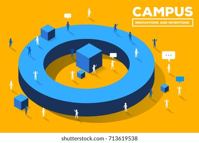 Vector creative business illustration.  Educational campus concept on yellow background. Group of people and big blue ring building. Isometric design for business presentation, poster, banner, web - Powered by Shutterstock - Get 15% off with code: PIKWIZARD15