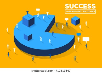 Vector creative business illustration.  Financial success concept on yellow background. Group of people and big blue pie chart. Isometric design for business presentation, poster, banner, web, site