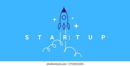 Vector creative business illustration of fly up spaceship and word startup on blue color background with cloud. Flat line art cartoon style idea design for startup web banner, poster, print