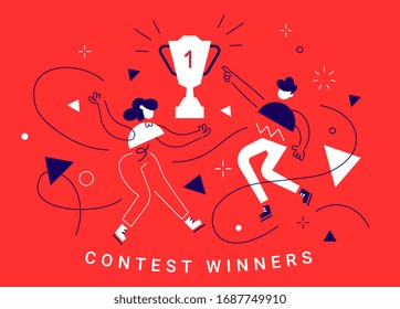 Vector creative business illustration of geometric successful people and winner cup on red background. Team of man and woman in first place with prize victory. Flat line art style design of teamwork