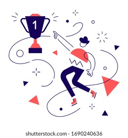 Vector creativa ilustración empresarial de hombre exitoso geométrico apuntando a la copa ganadora sobre fondo blanco. Líder en primer lugar con la victoria del premio. Diseño de estilo de arte de línea plana para la web