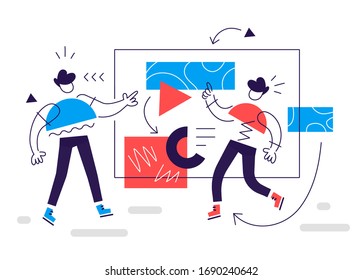 Vector Creative Business Illustration Of Geometric Successful Man With Screen Board On White Background. Startup Project Presentation. Flat Line Art Style Design Of Work People For Web, Site, Banner