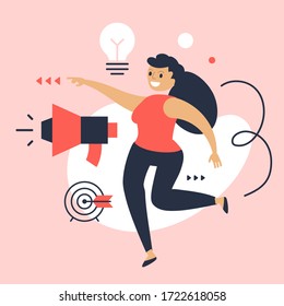 Vector creative business illustration of happy successful woman with megaphone and light bulb on color background. Office project manager. Flat style design of work people for web, poster, banner