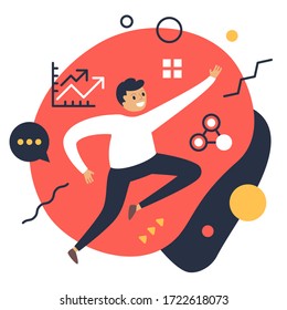Vector creative business illustration of happy successful man with icon on color background. Positive office employee. Flat style design of work people for web, site, poster, banner